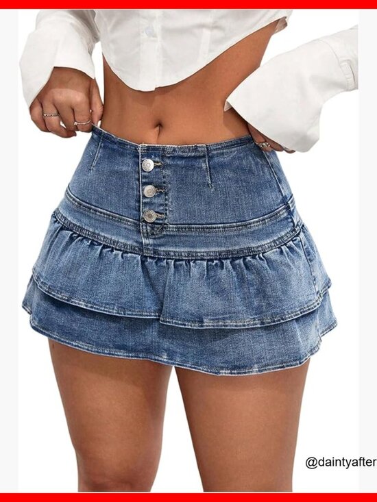 Dresses & Skirts - Denim Short Skirt with Ruffle Hem, Button Front, High Waist A-Line Mini